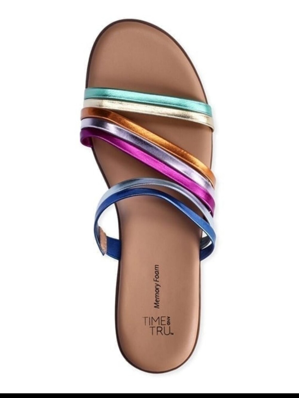 Time and Tru Asymmetrical Metallic Strappy Slip-On Sandals w/Memory Foam size 9